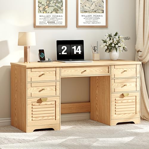 Ieejdn 59" Home Office Desks, Executive Desk, Farmhouse Computer Desk with 7 Drawers and Charging Station, File Drawer, Rustic Computer Writing Desk,Antique Wood - color: Wood, size: 59"