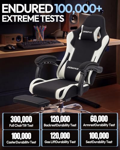 Dowinx Ergonomic Gaming Chair with Footrest & Massage Lumbar, 2D-Linkage Armrests for Computer Chair 330lbs with Headrest Pillow for Office, Home, Streaming and Long Gaming Sessions, Fabric White - color: Black White
