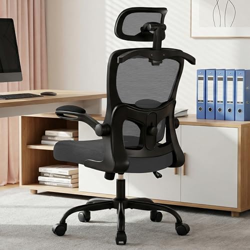 AreShark Ergonomic Office Chair, Desk Chair with Adjustable Lumbar Support | High Back Breathable Mesh Computer Chair with Adjustable Headrest,Hanger,Flip Up Armrest and Rocking Function for Home Office - color: Dark Gray