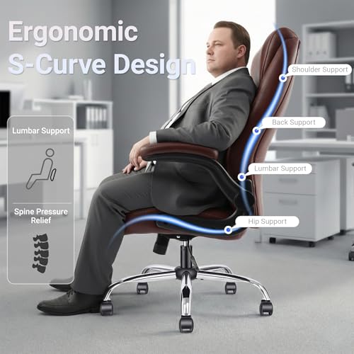 Big and Tall Office Chair for Heavy People, 400LBS High Back Extra Wide Executive PU Leather Office Chair with Flip-Up Armrests, Smooth Caster Wheels, Comfortable Home Office Desk Chair (Brown) - color: Brown - Rubber Wheels