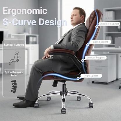Big and Tall Office Chair for Heavy People, 400LBS High Back Extra Wide Executive PU Leather Office Chair with Flip-Up Armrests, Smooth Caster Wheels, Comfortable Home Office Desk Chair (Brown) - color: Brown - Rubber Wheels