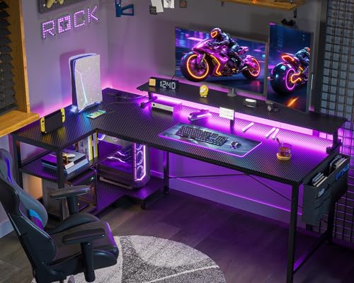 ODK 58 Inch L Shaped Gaming Desk with LED Lights, Power Outlets, Black - size: 58 Inch