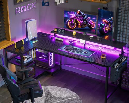 ODK 58 Inch L Shaped Gaming Desk with LED Lights, Power Outlets, Black - size: 58 Inch