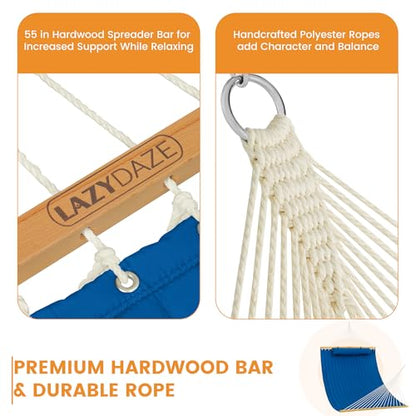 Lazy Daze 12 FT Double Hammock with Spreader Bar for Outside, Bright Blue - color: Bright Blue