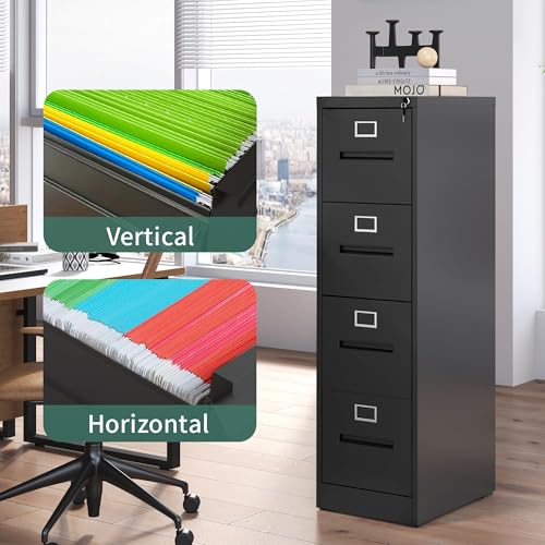 4 Drawer Vertical File Cabinet for Home Office, Metal Filing Cabinet with Lock for Legal/Letter Size Hanging File Folders, Anti-Tipping, Assembly Required (Black)