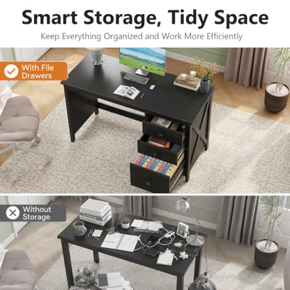 JSB 47.2 Inch Black Computer Desk with 3 Drawers for Home Office Bedroom - color: Black, size: 47.2in