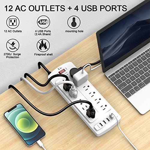 Power Strip, Tcstei Surge Protector with 12 Outlets and 4 USB Ports, 10 Feet Extension Cord for Home, Office, Dorm Essentials, 2700 Joules, White