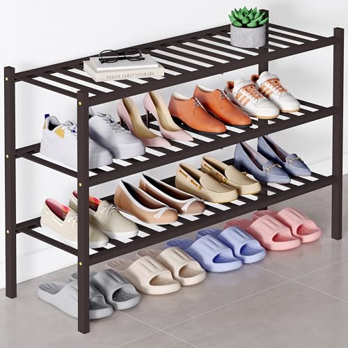 Smiry Bamboo Shoe Rack for Closet, 3 Tier - 33.86" Wide, Brown | Stackable Wooden Shoe Organizer, Wood Shoe Storage Shelf for Entryway, 14 Vertical Slats, Reinforced Legs - color: Brown, size: 3 Tier - 33.86" Wide