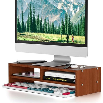 Wood Monitor Stand Riser with Storage Walnut Brown | 2 Tiers, Ergonomic Computer Stand for Laptop/PC/Printer, 16" Compact Wooden Desk Organizer, 50 lbs Weight Capacity