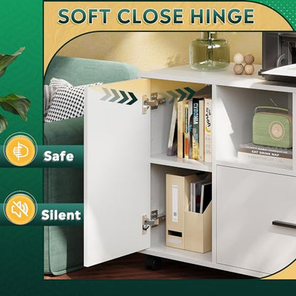 DEVAISE Office File Cabinet with Lock, 1-Drawer Wood Lateral Filing Cabinet on Wheels, Printer Stand with Open Storage Shelves for Home Office, White - color: White, style: Modern