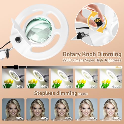 HITTI 2200 Lumens 12X Magnifier Esthetician Light, 5 Wheel Rolling Base - color: White