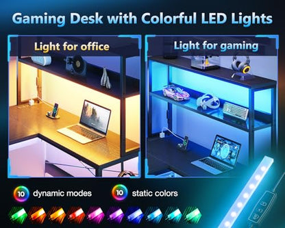 Casaottima L Shaped Gaming Desk with Hutch & Power Outlet & LED Lights