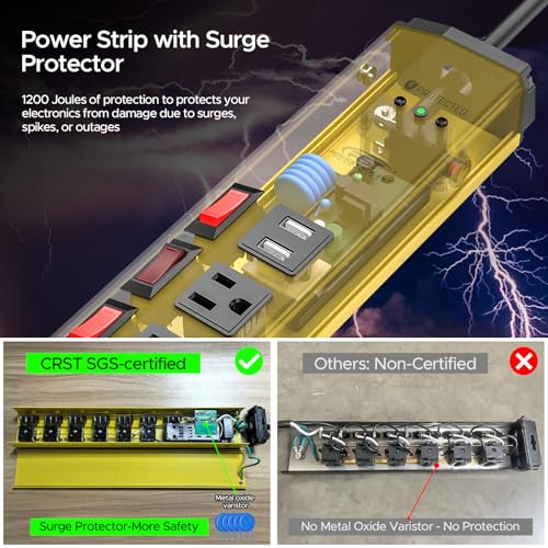 CRST 6 Outlet Metal Power Strip with 2 USB (3.4A) & Individual Switches - color: Yellow+2USB-6FT, size: 6FT