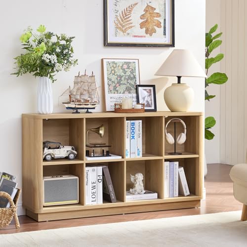 Joaxswe 8 Cube Storage Book Shelf, 52" Long Horizontal Bookshelf with Curved Edge, Floor Standing Wooden Cubby Bookcase with Base, Modern Low Console Book Case, TV Stand for Living Room, Natural Oak - color: Natural Oak, size: 8 Cube (11.81"D x 52.75"W x