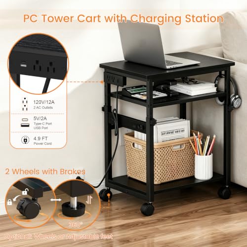 Snughome 3-Tier Extra-Large Computer Tower Stand with Charging Station, 25.2''-35.8'' Height-Adjustable PC Tower Stand, Rolling CPU Cart with Lockable Wheels for Office Home Gaming - size: 23.62" L x 15.75" W x 35.8"