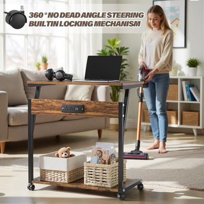 FANXIYQ Computer Tower Stand with Charging Station, Adjustable Height PC Tower Stand for Floor & Carpet, Rolling CPU Holder Cart with Top Shelf, Under Desk PC Cart, Wood Grain - color: Wood Grain