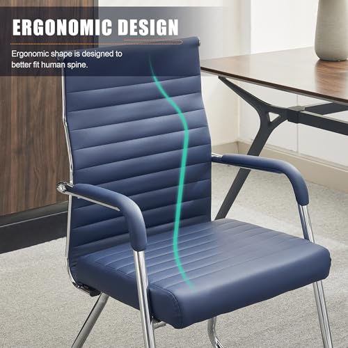 Okeysen Office Guest Chairs Set of 2, Modern Leather Reception Chairs with Mid Back & Sled Base, No-Wheel Desk Chairs for Waiting Room & Conference Room - color: Blue Leather/Silver Frame, size: Set of 2