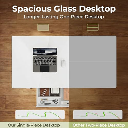 Furmax Glass Standing Desk with Drawers, Electric Adjustable Home Office Sit Stand Desk with One-Piece Desktop & USB Charging Port for Computer Desks - color: White Glass