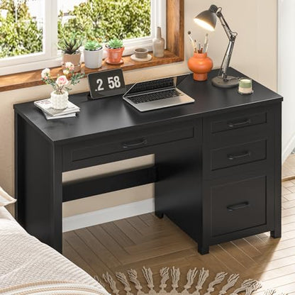 Vabches Farmhouse 47" Computer Desk with 4 Drawers, Pure Black | Executive Desk with File Drawer and Charging Station, Workstation for Home Office, Study - color: Pure Black Without Charging Station