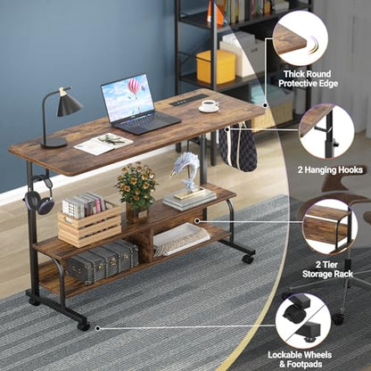 Armocity 47" Rolling Standing Desk with Charging Station for Couch Bed - color: Rustic Brown, size: 47''