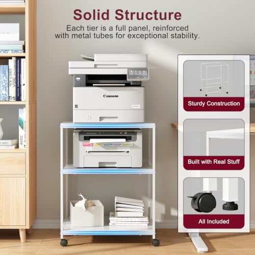 White Printer Stand, 20” Large Printer Table for Home Office, 3 Tier Rolling Printer Cart with Storage, for Shredder Scanner Fax - color: White