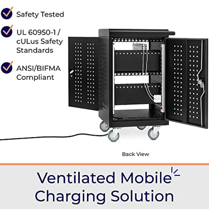 Line Leader 30 Unit Mobile Charging Station Cart w/Locking Cabinet, Standing Computer Charger Stand for Tablets, Laptops, Chromebooks, 5-Min Assembly UL-Certified, ANSI/BIFMA Standard with Power Cord - size: 24.25" x 21" x 38"