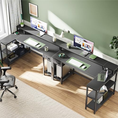 SUPERJARE 53 inch Reversible L Shaped Desk with LED Lights & Power Outlets, Computer Desk with Shelves & Monitor Stand, Gaming Desk with Drawer, Home Office Desk, Carbon Fiber Black - color: Carbon Fiber Black, size: 53 inch