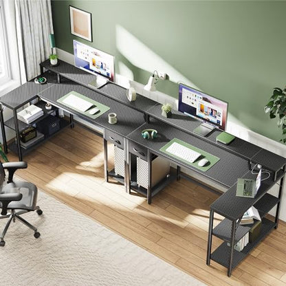 SUPERJARE 53 inch Reversible L Shaped Desk with LED Lights & Power Outlets, Computer Desk with Shelves & Monitor Stand, Gaming Desk with Drawer, Home Office Desk, Carbon Fiber Black - color: Carbon Fiber Black, size: 53 inch