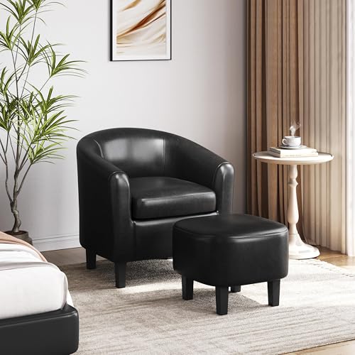 Yaheetech Accent Chairs with Ottoman, Faux Leather Barrel Chairs, Black - color: Black, size: Chair:25.5x 27.5 x 28''H Ottoman:18x 18.7x 15.7''H