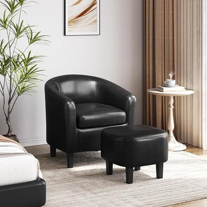 Yaheetech Accent Chairs with Ottoman, Faux Leather Barrel Chairs, Black - color: Black, size: Chair:25.5x 27.5 x 28''H Ottoman:18x 18.7x 15.7''H