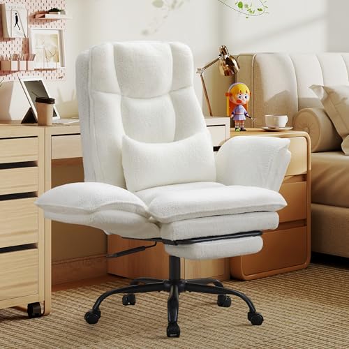Wider Seat Office Chair with Flip Armrests for Criss Cross Legged&Cats, Big and Tall Executive Ergonomic Reclining Chair with Footrest&Lumbar Pillow, Teddy Fleece Desk Chair,White Vanity Chair - color: White
