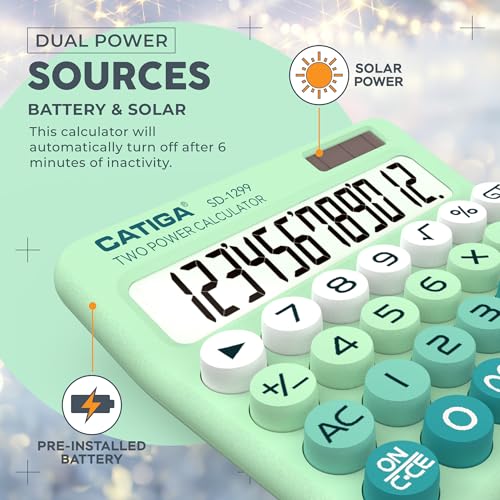 CATIGA Mechanical Switch Calculator with Solar and Battery Dual Power, 12-Digit Large LCD Display, Aesthetic and Cute Desktop Calculator with Big Button, for Home, School and Office Use, SD-1299 - color: Z) Mint Green