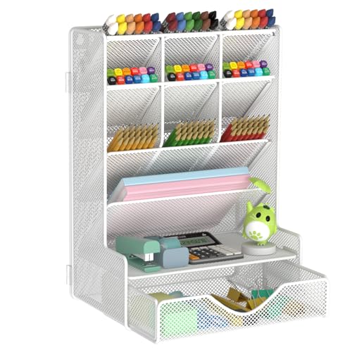 BOHDK Pen Organizer for Desk, Multi-Functional Desk Organizer, Wall Mount Pen Holder with Drawer for School, Office, Home, Art Supplies, White - color: White