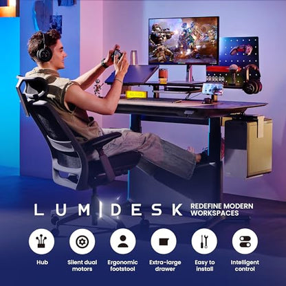 COLAMY Electric Standing Desk 55x28 Inch, Wobble-Free Dual Motor Sit Stand Up Home Office Computer Desk, Motorized Workstation Gamer Studio Table with Drawers, Outlets & Footrest,Black Oak - color: Black Oak + Black