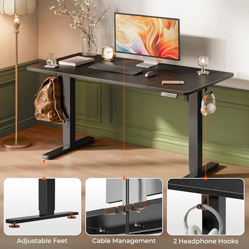 Huuger 55 x 28 Large Electric Standing Desk, Height Adjustable Computer Desk, 27.6" Deep Desktop, Stand up Gaming Office Table with 2 Hooks, 3 Preset Heights, for Home Office, Black - color: Black, size: 55*28 inch (no outlets)