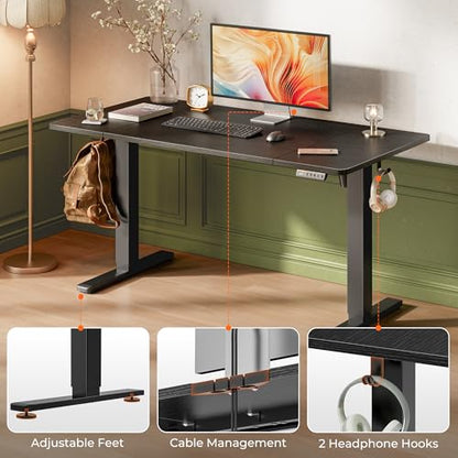 Huuger 55 x 28 Large Electric Standing Desk, Height Adjustable Computer Desk, 27.6" Deep Desktop, Stand up Gaming Office Table with 2 Hooks, 3 Preset Heights, for Home Office, Black - color: Black, size: 55*28 inch (no outlets)