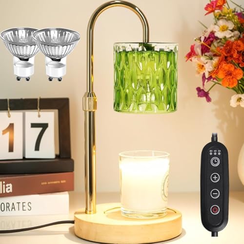 HAIDOLIANG Green Candle Warmer Lamp with Timer and Dimmable | Height Adjustable,Glass Electric Wax Warmer with 2 Bulbs for Women Mom Gifts, Home Decor for Scented Jar Candles - color: Green