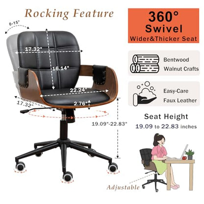 Conference Table Chair with Walnut Finish,Mid Century Modern Office Chair | Ergonomic Curved Back, Bentwood Frame, 360° Swivel & Rocking Function, Height Adjustable 19"-23", Support Up to 350lbs - color: Walnut Black