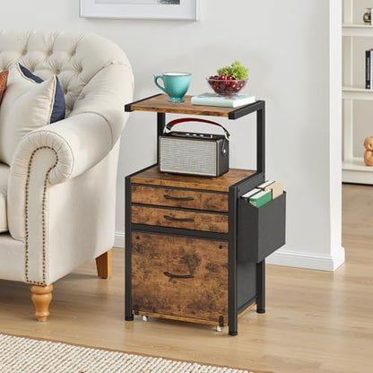 3-Drawer File Cabinet, Rustic Brown,16.5" W | Side Bag & File Drawer, A4/Letter Size Compatible, Vertical Printer Table, Storage for Home Office