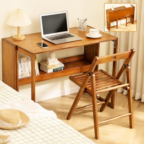 Bamboo Foldable Desk, 41" Folding Bamboo Desk for Small Spaces, Mid Century Small Computer Desks with Bookshelf, Wooden Desks for Home Bedroom Study Office, Brown - color: Brown