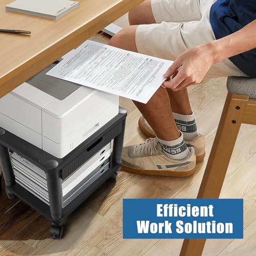 Under Desk Printer Stand with Wheels, Rolling Printer Cart with Lockable Wheels, 2-Tier Printer Table with Storage Drawer for Home&Office (Black)