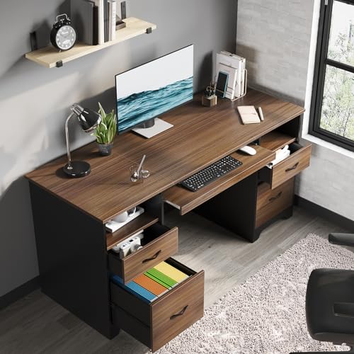 Bestier 59” Computer Desk with 4 Drawers, Office Desk with Storage, Industrial Executive Desk with File Drawer, Keyboard Tray & 2 Pedestals for Home Office & Studio, Cherry - color: Cherry