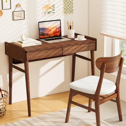 Tangkula Bamboo Mid Century Desk with 2 Storage Drawers, Home Office Study Writing Desk with Shelf & Cable Management Groove, Home Office Desk for Working & Learning (Brown) - color: Brown