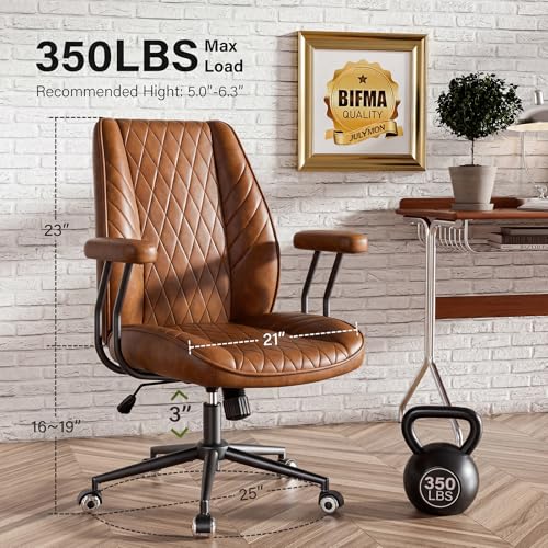 Brown Leather Office Desk Chair with Quiet Rubber Wheels, Height Adjustable, Padded Arms, Vintage Mid Century Office Chair, Retro Style Desk Chair - color: Brown