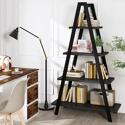 Recaceik 4-Tier A-Shaped Ladder Bookshelf, Industrial Wooden Bookcase with Metal Frame, Farmhouse Open Display Shelves for Living Room, Bedroom, Office - color: Black