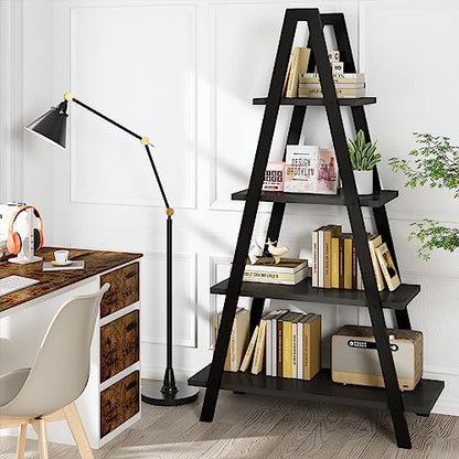 Recaceik 4-Tier A-Shaped Ladder Bookshelf, Industrial Wooden Bookcase with Metal Frame, Farmhouse Open Display Shelves for Living Room, Bedroom, Office - color: Black