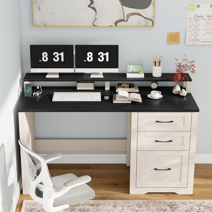 Vabches 47" Farmhouse Executive Desk with 3 Drawers and LED Lights, Black - color: Black, size: 3 Drawers & Monitor Stand