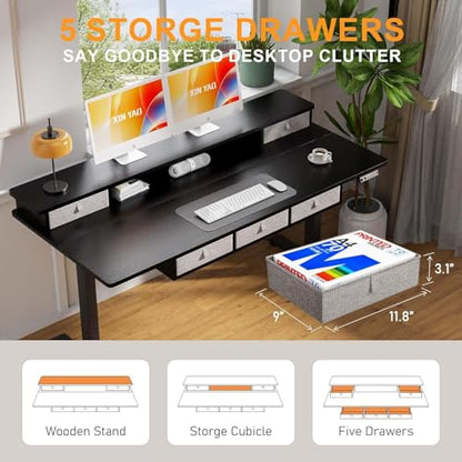 XINYAO Standing Desk with 5 Drawers, 63 x 30 Inch Electric Height Adjustable Stand Up Desk, Ergonomic Table with Storage Larger Desktop, Computer Workstations