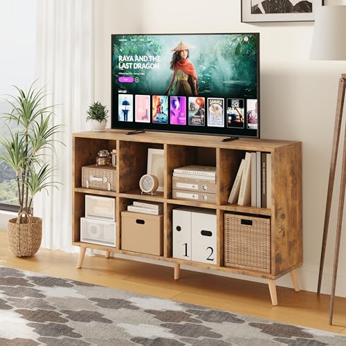 8-Cube Bookshelf 2 Tier Retro Bookcase with Legs, 11in Shelf Opening, 47" Wood Bookshelves Storage Organizer Shelf, Freestanding Open Book Shelves for Bedroom Living Room Office, Vintage Brown - color: Rustic Brown, size: 8-Cube
