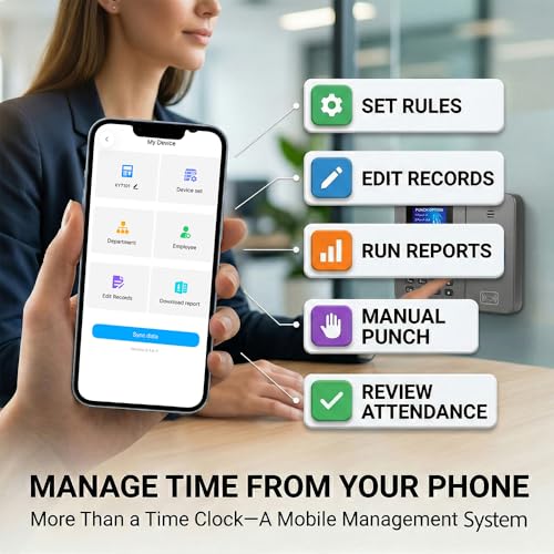 App-Controlled Time Clock with 5s Fast Connection, Edit Records, Set Rules & Run 4 Reports, No Monthly Fee, Fingerprint Time Clock for Employees Small Business, 10 IC Cards